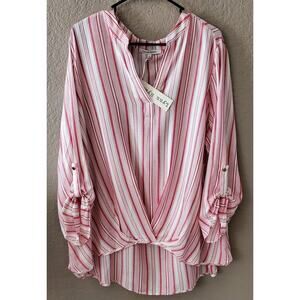 Lynn Ryan Twist Front Striped Woven 3/4 Sleeve‎ Blouse New
